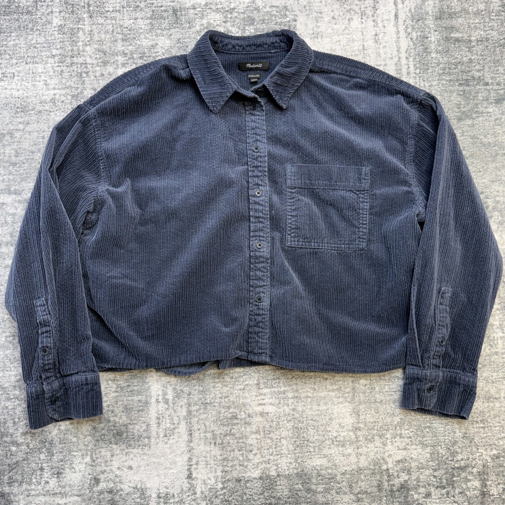 Madewell Top Womens Large Navy‎ Blue Corduroy Oversized Copped Boxy Wide Wale